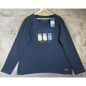 Life Is Good Tee Women's XL Blue Crusher V-Neck Firefly Ready Set Glow Cotton